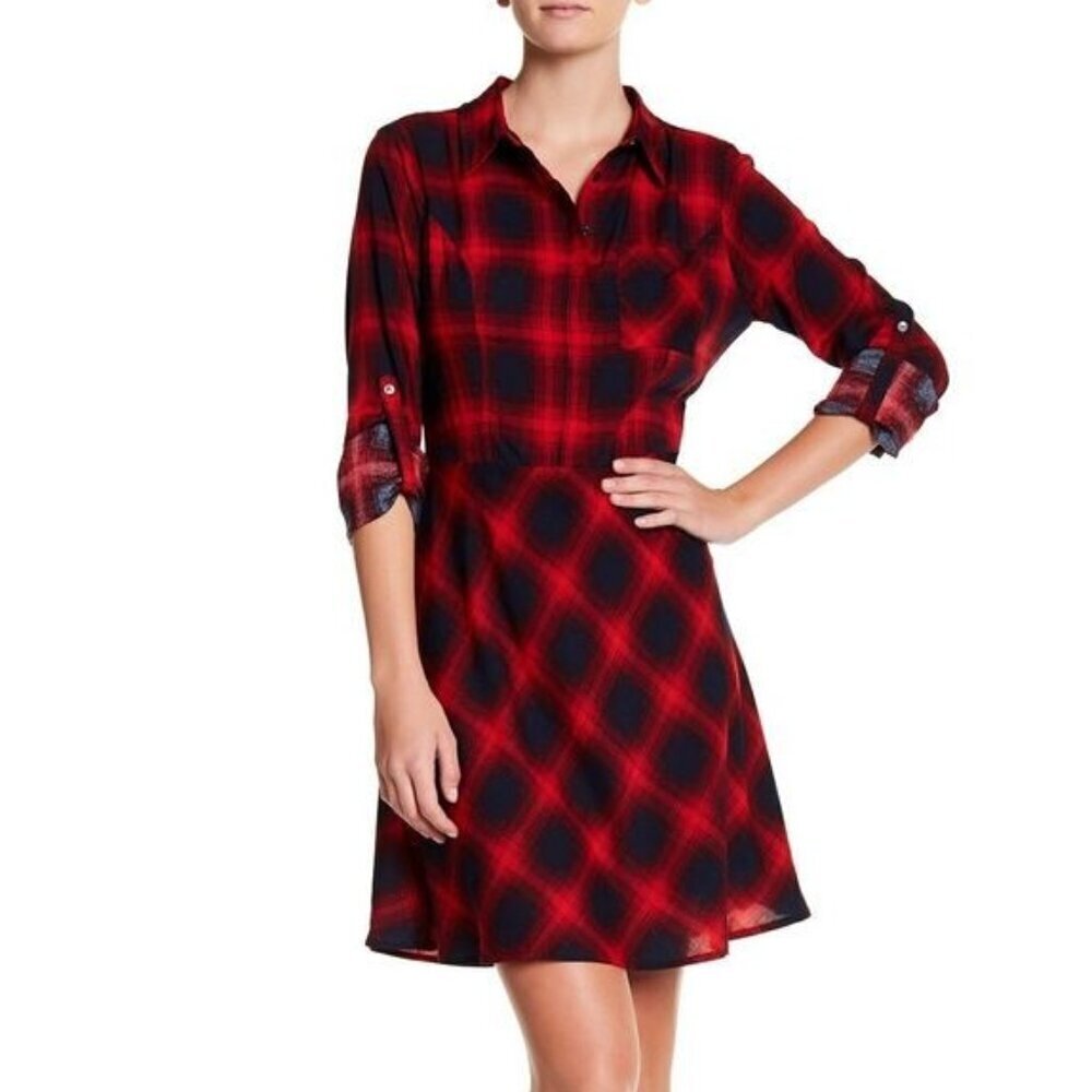 💕B SKIES ARE BLUE💕 Lumberjack Dress ~ Red Blue Buffalo Plaid 2 = US Large NWT